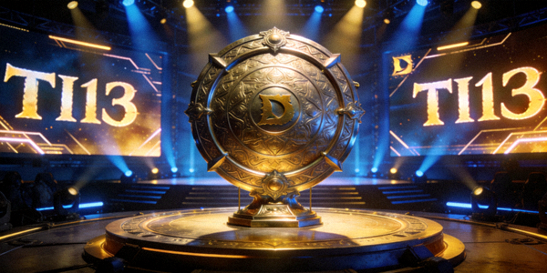 DOTA2国际邀请赛TI13主舞台，巨大的冠军神盾奖杯陈列在中央