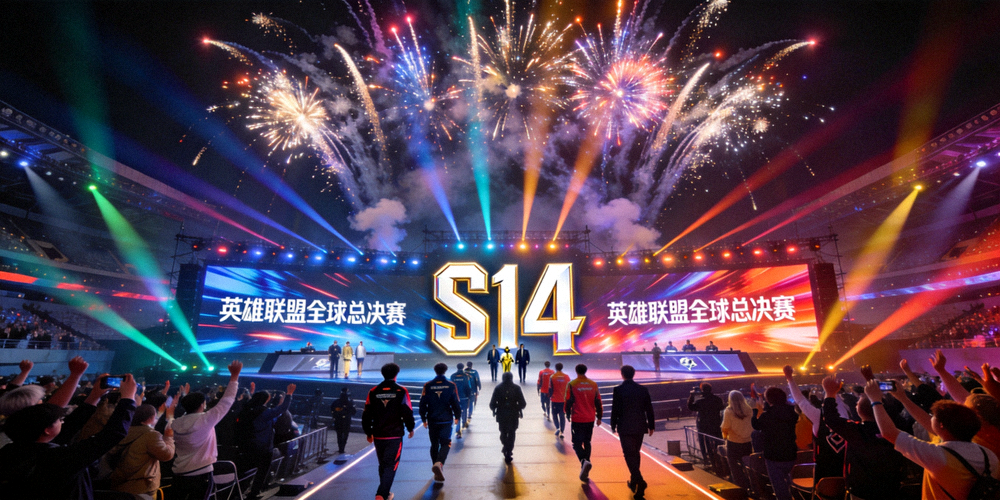 英雄联盟S14全球总决赛开幕式盛况，烟花与灯光交织